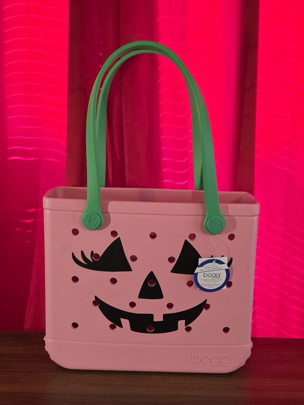 15" Bogg Bag Pink Jack-O-Lantern Pink Pumpkin Tote with Green Handles Medium NWT